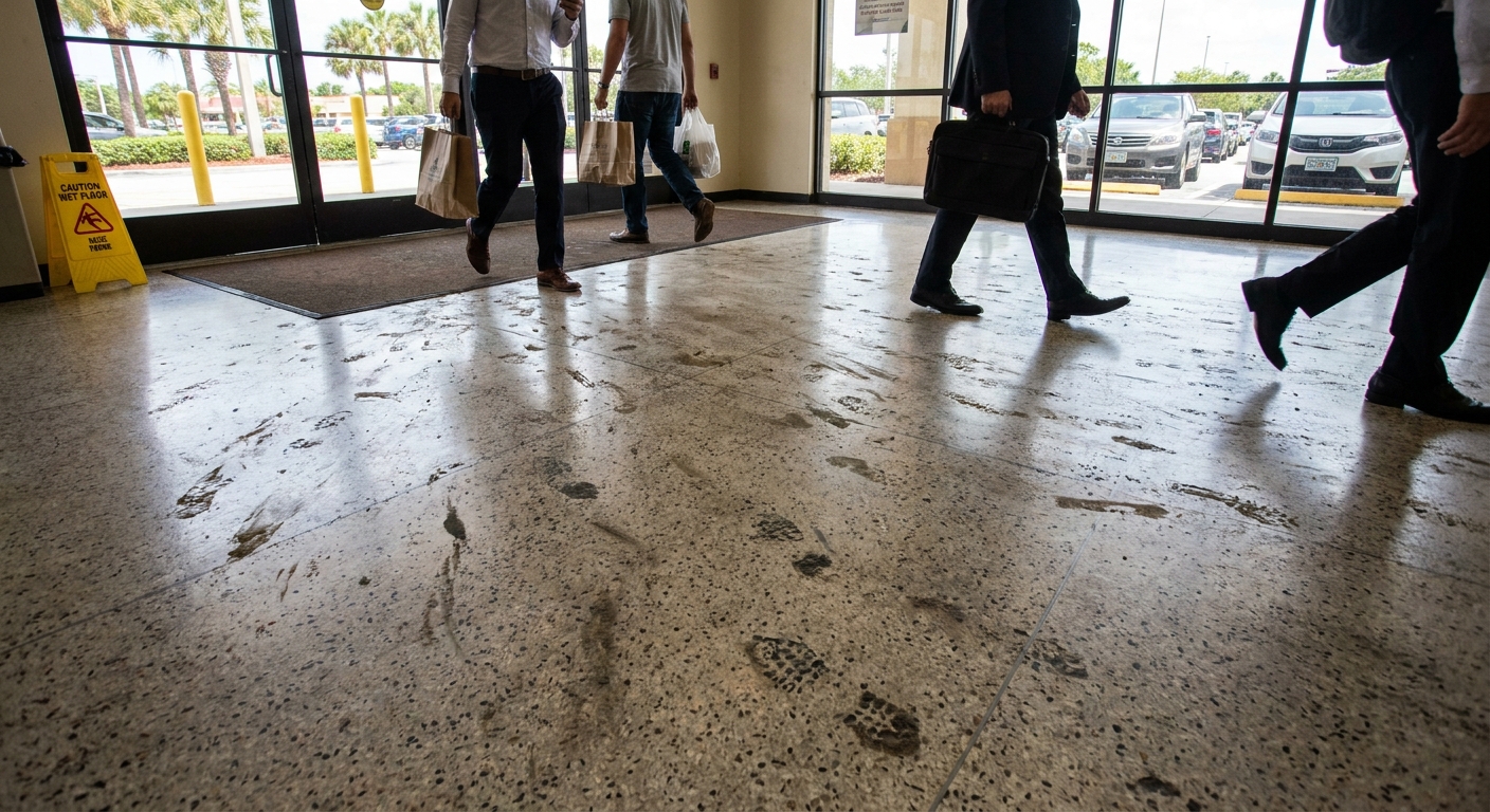 High-traffic floor in Broward County being cleaned frequently to prevent wear and safety hazards