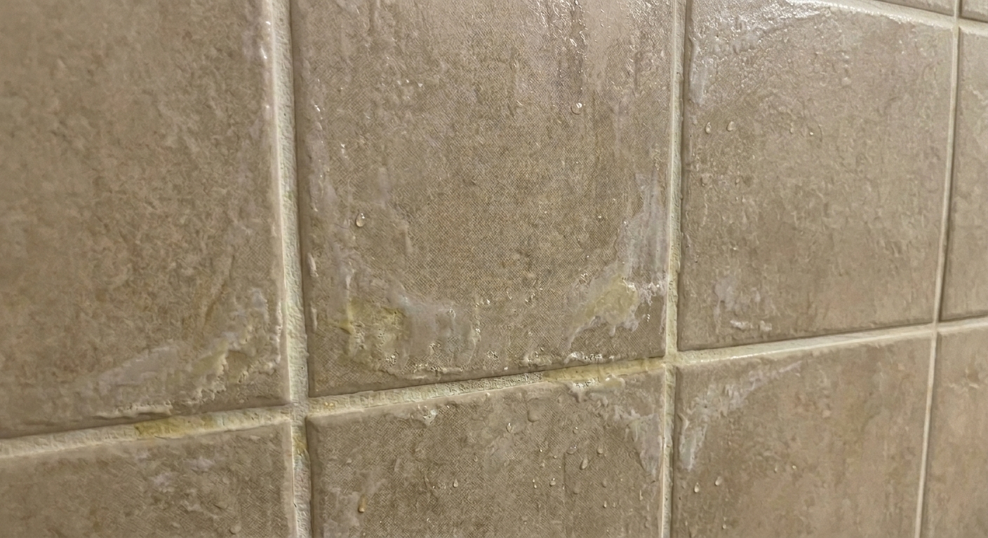 Soap scum buildup on shower tile and grout in Broward County