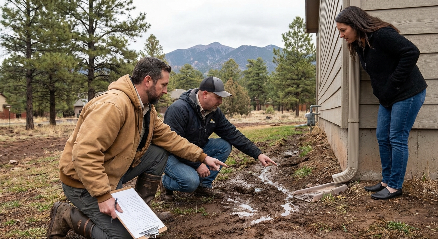 Home inspection in Flagstaff identifying drainage and grading issues such as poor slope, water pooling, and foundation risks