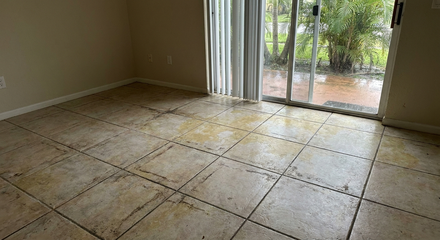 Discolored tile floor in Broward County showing yellowing and dark grout lines