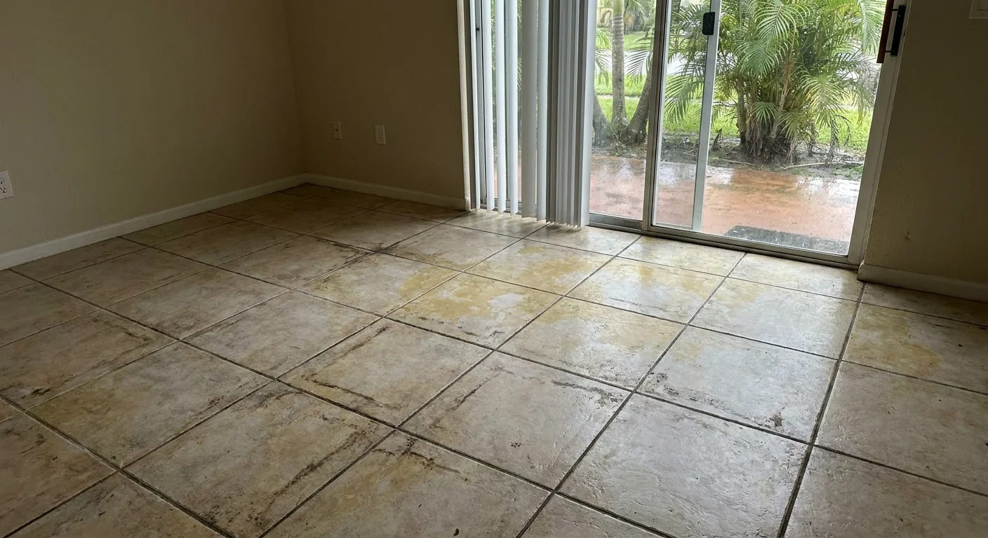 Discolored tile floor in Broward County showing yellowing and dark grout lines