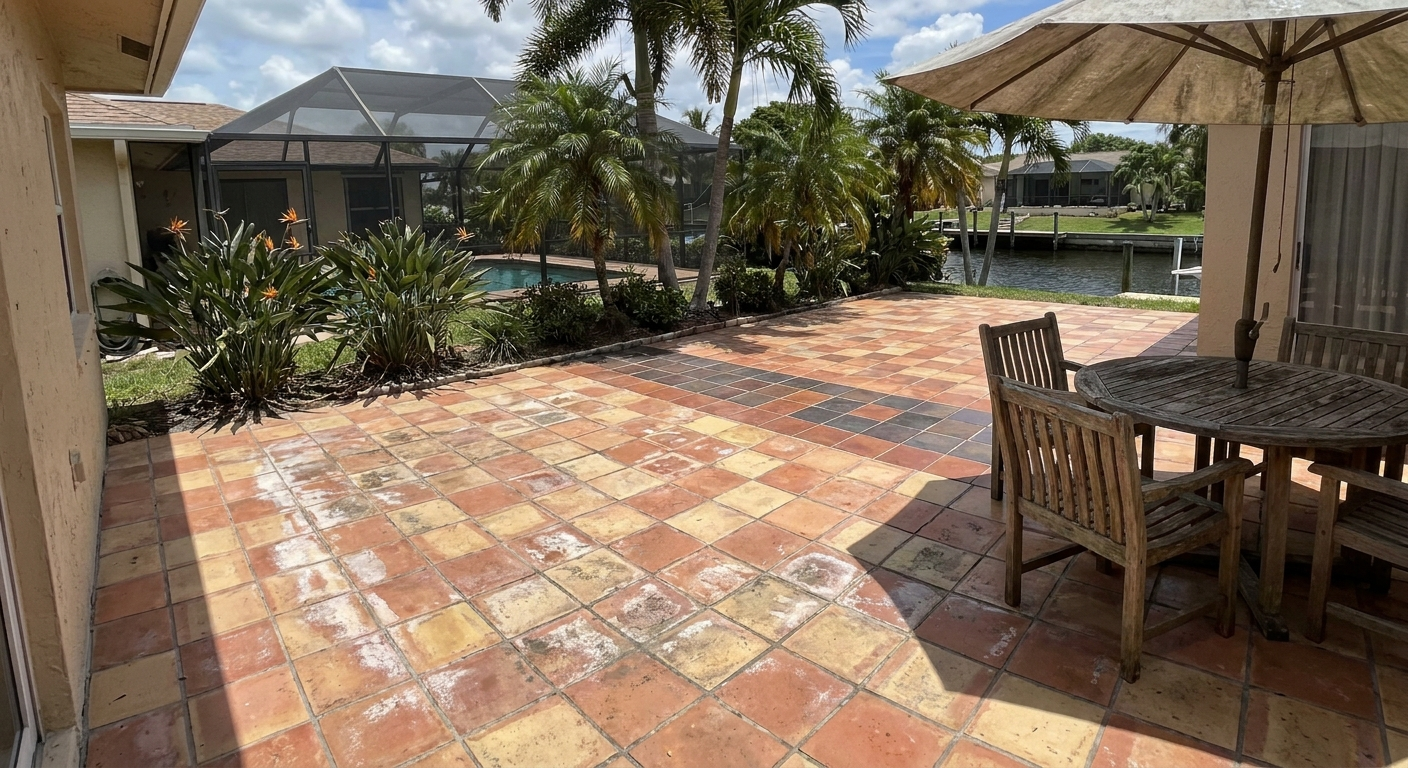 Faded patio tiles in Broward County due to sun and weather exposure