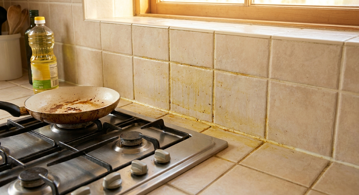 Kitchen tile in Broward County with visible grease buildup and dullness