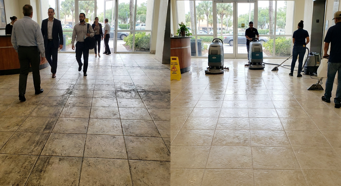 Routine tile cleaning for commercial floors in Broward County prevents damage and maintains safety.