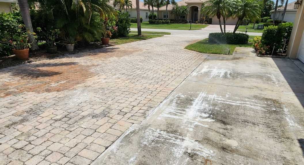 Driveways and patios in Palm Beach County lose color due to sun, rain, salt, and chemicals