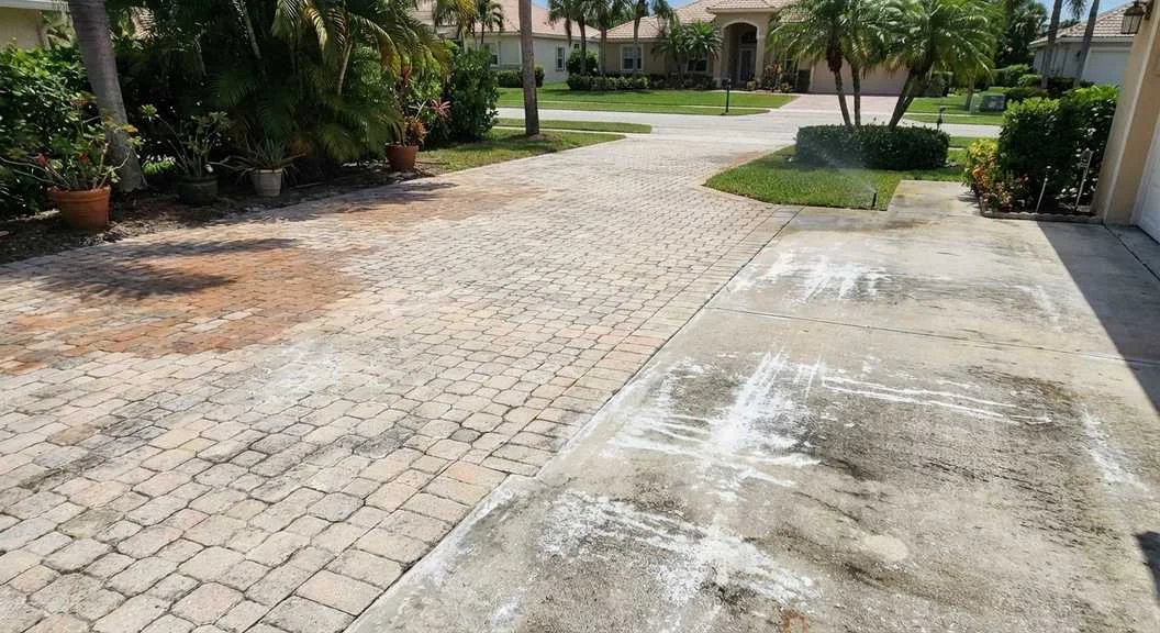 Driveways and patios in Palm Beach County lose color due to sun, rain, salt, and chemicals